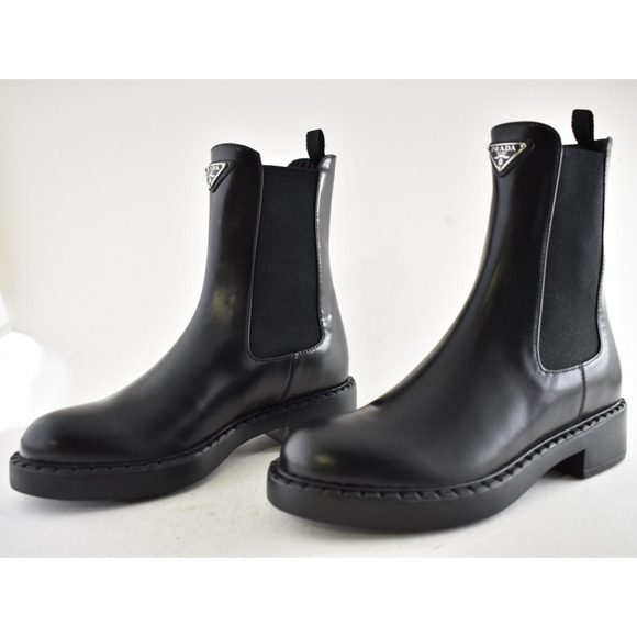 Prada Chocolate Brushed Leather Black Pull On Chelsea Ankle Mid Calf Boot 38.5 - Picture 14 of 16